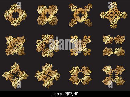 Ein Set aus Vintage Vektor Gold dekorativen floralen Damast-Ikonen. Stock Vektor
