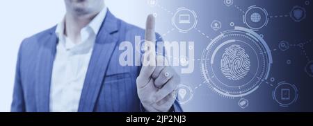 Fingerscan Touch Passwort Schlüssel Zugriff Sicherheit Informationstechnologie Daten Konzept weit für Banner Hintergrund. Stockfoto