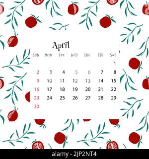 2023 Kalender für April. Vektor-Illustration des Monatskalenders auf nahtlosem Muster mit Granatäpfeln und Blättern im Cartoon-Flat-Stil. Farbenfroh Stock Vektor