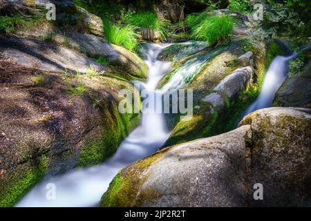 Kleiner Bach im Berg zwischen Felsen, Sonne und Schatten und lange fotografische Belichtung. Navacerrada. Stockfoto