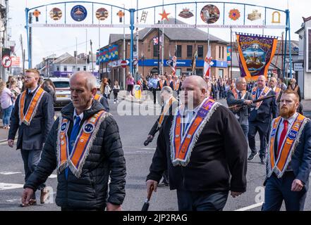 Ballymena, Großbritannien, 25.. Juni 2022. Mitglieder des Orange Order, die während der jährlichen Mini-Zwölften Parade durch den Bogen von Harryville gehen. Stockfoto