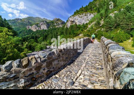 Steinbrücke über den Fluss in der Landschaft der hohen Berge und grünen Wald. Person, die die Brücke überquert, um zu wandern und sich auszuruhen. Stockfoto