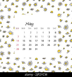2023 Kalender für Mai. Vektor-Illustration des Monats-Kalender auf nahtlose Muster mit Kritzeleien Gänseblümchen in Cartoon-flachen Stil. Farbenfrohe Rückseite mit Stock Vektor