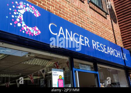 Dorking, Surrey Hills, London UK, August 13 2022, Cancer Research UK Charity Shop Front and Sign With No People Stockfoto