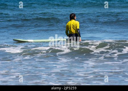 Foto mit Kopierraum des Rückens eines Teenagers, der neben einem Surfbrett ins Meer steht Stockfoto