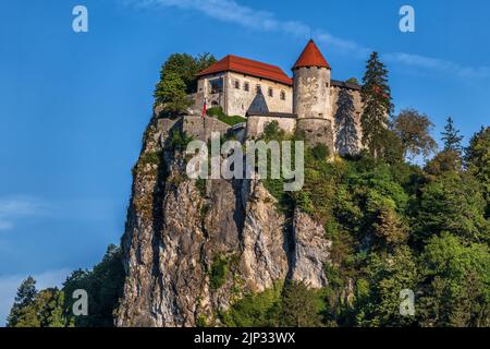 Schloss Bled in Slowenien, mittelalterliche Festung auf einer Klippe in den Julischen Alpen, nordwestliche Region. Stockfoto