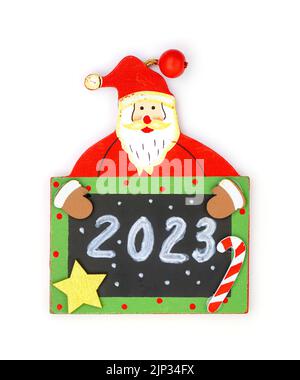 Grußkarte zum frohen Neujahr. Der Weihnachtsmann gratuliert Ihnen zum glücklichen neuen Jahr 2023. Stockfoto