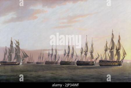 The East Indiaman General Goddard Capturing Dutch East Indiamen, Juni 1795, von Thomas Luny Stockfoto