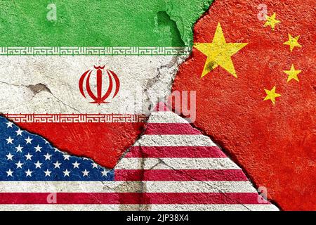 Abstract Iran China USA internationale Länder Politik Wirtschaft Konfliktkonzept Stockfoto