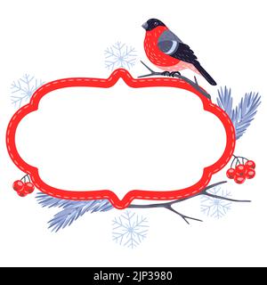 Winterrahmen mit Vogelgimpel und Pflanzen. Frohe Weihnachten und ein glückliches neues Jahr. Stock Vektor