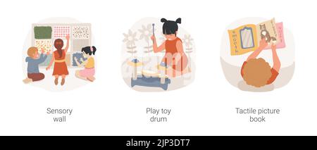 Kinder mit Autismus sensorische Entwicklung isoliert Cartoon-Vektor-Illustration-Set. Sinneswand, Spielzeugtrommel, taktiles Bilderbuch, Feinmotorik, Kindertagesstätte Musiktherapie Vektor Cartoon. Stock Vektor