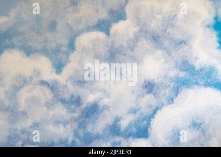 Schönes Gemälde von Wolken und Himmel auf Zementwand. Zerkratzte blaue Wandstruktur (Hintergrundfläche). Betonwand mit Wolken und Himmel Bild. Abstrak Stockfoto