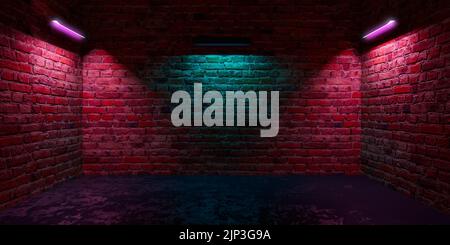 Futuristisches Sci Fi Elegantes modernes Neon Glowing Rectangle in dunklem, leerem Grunge-Beton-Backsteinzimmer. 3D Rendering Stockfoto