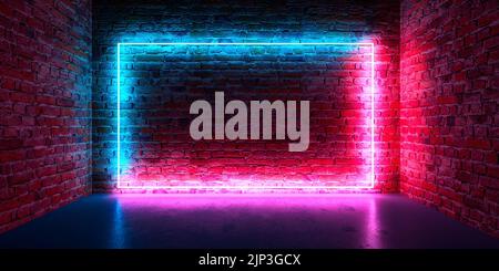 Futuristisches Sci Fi Elegantes modernes Neon Glowing Rectangle in dunklem, leerem Grunge-Beton-Backsteinzimmer. 3D Rendering Stockfoto