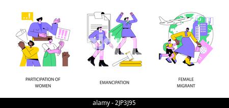 Abstraktes Konzept für Gleichberechtigung der Geschlechter als Vektorgrafik. Partizipation von Frauen, Emanzipation und soziale Gleichberechtigung, Migrantinnen, Sprecherin, Geschäftsfrau Ehrgeiz abstrakte Metapher. Stock Vektor