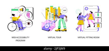 Online Inklusivität abstraktes Konzept Vektor Illustration Set. Web Accessibility Programm, virtuelle Tour und Online-Umkleideraum, Websites für Menschen mit besonderen Bedürfnissen, abstrakte E-Commerce-Metapher. Stock Vektor