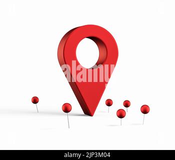 Eine 3D-Darstellung einer roten Positionsmarkierung mit isolierten Pins auf weißem Hintergrund Stockfoto