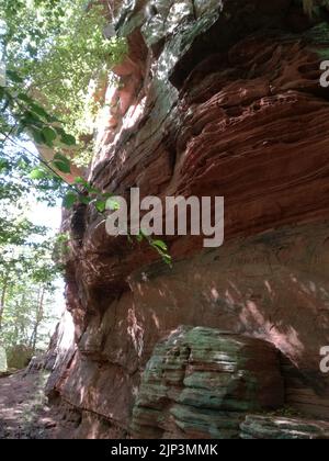 Eine vertikale Nahaufnahme von roten Felsen in der Natur, umgeben von Bäumen Stockfoto