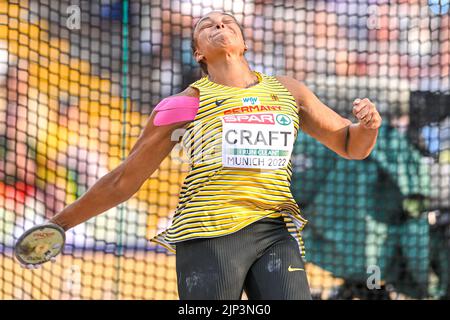 MÜNCHEN, DEUTSCHLAND - 15. AUGUST: Shanice Craft of Germany startet beim Diskus-Wurf der Frauen bei der Europameisterschaft München 2022 im Olympiastadion am 15. August 2022 in München (Foto: Andy Astfalck/BSR Agency) Stockfoto