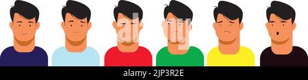 Mehrere männliche Grafikfiguren, die verschiedene Emotionen auf weißem Hintergrund ausdrücken Stock Vektor
