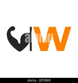 Design mit W-Logo für Fitness. Gesunde Arm Body Builder Logo Design Vektor-Vorlage Stock Vektor
