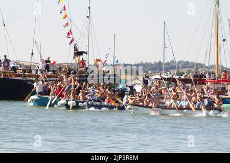 West Mersea Town Regatta auf Mersea Island in Essex. Das Rennen um das Sturmfahrzeug beginnt. Stockfoto