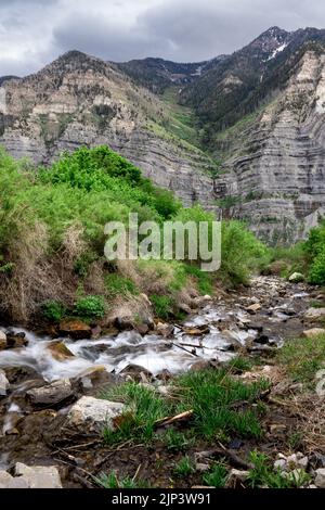 Eine vertikale Aufnahme der Bridal Veil Falls im Provo Canyon, Utah, USA Stockfoto