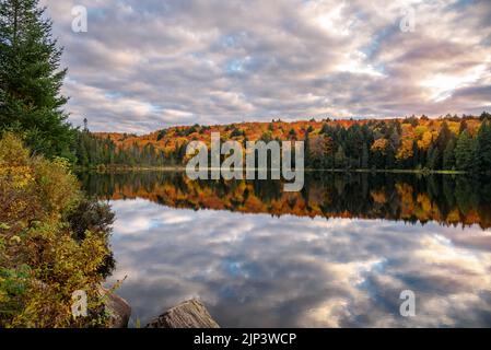 Dramatischer Sonnenuntergang Himmel über einem See wtih bewaldeten Ufer an der Birke der Herbstlaub. Reflexion im Wasser Stockfoto