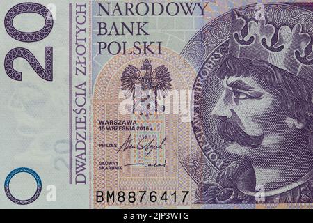 Vorderseite der 20 polierten Zloty-Banknote für Designzwecke Stockfoto