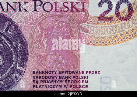 Rückseite der 20 polierten Zloty-Banknote für Designzwecke Stockfoto