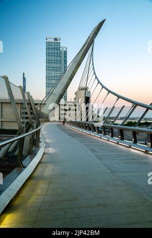 Harbour Drive Fußgängerbrücke und Hilton Hotel, San Diego, Kalifornien, USA Stockfoto