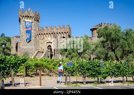 Castello di Amorosa, eine Weinkellerei in einem verspotteten toskanischen Schloss im Napa Valley in Kalifornien, USA, wo Sie Weinproben machen können Stockfoto