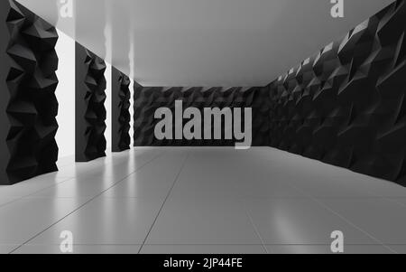 Leerer Raum mit schwarzen polygonalen abstrakten Wänden und Säulen sowie weißer Decke und Boden Stockfoto