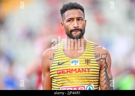 MÜNCHEN, DEUTSCHLAND - 15. AUGUST: Patrick Schneider aus Deutschland tritt am 15. August 400m 2022 bei den Europameisterschaften München 2022 im Olympiastadion in München an (Foto: Andy Astfalck/BSR Agency) Stockfoto