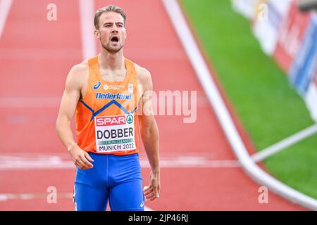 MÜNCHEN, DEUTSCHLAND - 15. AUGUST: Jochem Dobber aus den Niederlanden startet am 15. August 400m 2022 bei den Europameisterschaften München 2022 im Olympiastadion in München (Foto: Andy Astfalck/BSR Agency) Stockfoto