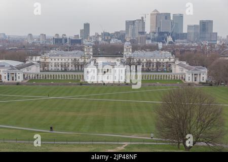 Ein Blick aus der Vogelperspektive auf das Queen's House in Greenwich, London, England an einem bewölkten Tag Stockfoto