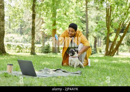 In voller Länge Porträt von niedlichen reifen Frau spielen mit Hund im Park und werfen Spielzeug in grünem Gras, kopieren Raum Stockfoto