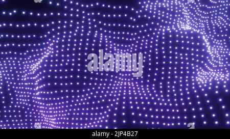 Eine 3D-Darstellung von hell glühenden lila verzerrten Partikeln in Wellen Stockfoto