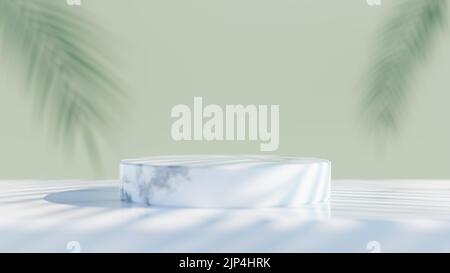 Abstrakter Hintergrund mit natürlichen Podien und langen Schatten auf einer grünen Wand, eine leere Vitrine für die Vorführung oder Präsentation von Kosmetikprodukten. 3D Stockfoto