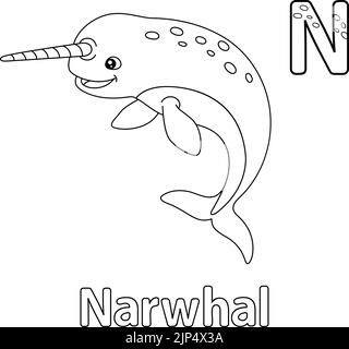 Narwhal Alphabet ABC Färbung Seite N Stock Vektor