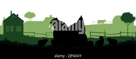 Hühner auf der Weide. Bildsilhouette. Haustiere auf dem Bauernhof. Hausgeflügel, um Eier zu bekommen. Ländliche Landschaft mit Bauernhaus. Isoliert auf weißem Hintergrund. Vec Stock Vektor