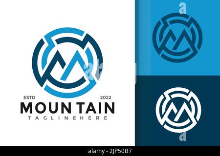 Ein Vektordesign des Firmenlogotyps Mountain mit dem Buchstaben M im Kreis Stock Vektor