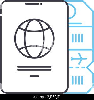 Flugticket mit Passzeilensymbol, Umrisssymbol, Vektorgrafik, Konzeptschild Stock Vektor