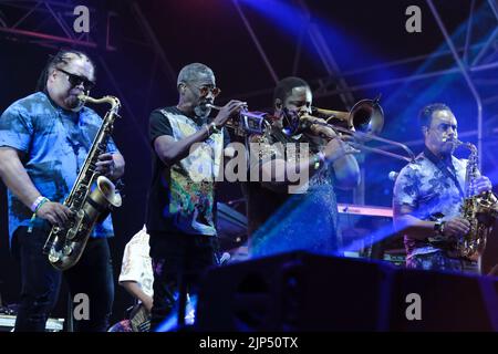 Winchester. UK, 14/08/2022, (L-R) Louis Van Taylor Saxophonist, Trompeter, Jermaine Bryson Posaunist und Saxophonist mit Blechbläser der amerikanischen Funk-Soul- und Disco-Band Kool and the Gang, treten beim Boomtown Fair Festival live auf. Boomtown ist ein britisches Musikfestival, das jedes Jahr auf dem Matterley Estate im South Downs National Park in der Nähe von Winchester stattfindet. Kool & The Gang ist eine amerikanische R&B/Soul/Funk-Band, die 1964 in Jersey City, New Jersey, von den Brüdern Robert 'Kool' Bell und Ronald Bell mit Dennis 'Dee Tee' Thomas, Robert 'Spike' Mickens, Charles Smith, Geo gegründet wurde Stockfoto