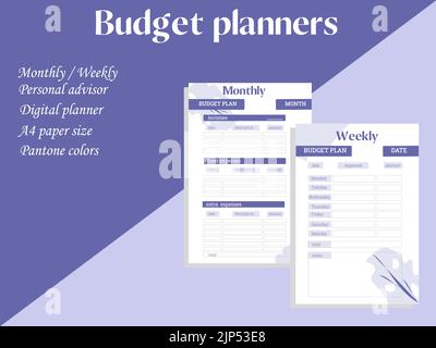Cover von Business oder persönlichen Budget-Planer in minimalistischen sehr peri Farbe. Digitaler Finanzplaner. Realistische Vektordarstellung. Stock Vektor