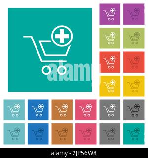 Fügen Sie einen neuen Warenkorb hinzu, umreißen Sie mehrfarbige flache Symbole auf einfachen quadratischen Hintergründen. Weiße und dunklere Symbolvarianten für schwebe- oder aktive Effekte. Stock Vektor