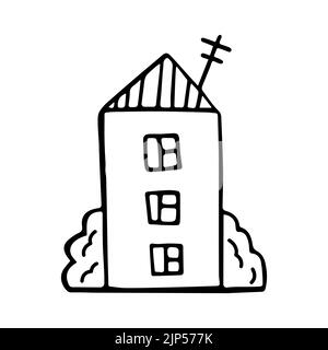 Mehrstöckiges Haus Zeichnung linear isoliert. Dreistöckiges Haus mit Fenstern, Antenne und Büschen. Niedliche Kritzeleien. Handgezeichnete Vektorgrafik in Carto Stock Vektor