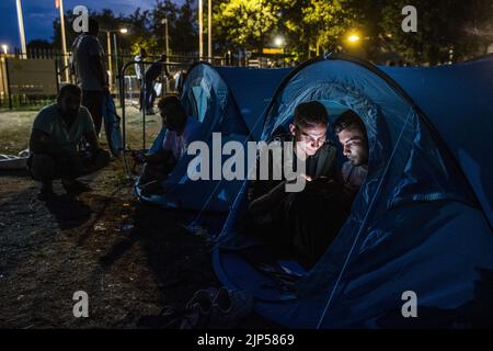2022-08-15 21:44:04 TER APEL - Eine Gruppe von Unternehmern aus der Provinz Groningen verteilte am Montagabend etwa zweihundert Zelte an wartende Asylbewerber im Antragszentrum. Das Geld für die Pop-up-Zelte wurde durch eine Crowdfunding-Kampagne gesammelt. Die Zentralstelle für die Aufnahme von Asylsuchenden (COA) geht davon aus, dass wegen der Menschenmassen rund 150 Menschen im Anwendungszentrum in Ter Apel draußen schlafen müssen. ANP VINCENT JANNINK niederlande Out - belgien Out Stockfoto