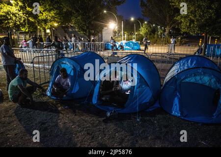2022-08-15 21:44:57 TER APEL - Eine Gruppe von Unternehmern aus der Provinz Groningen verteilte am Montagabend etwa zweihundert Zelte an wartende Asylbewerber im Antragszentrum. Das Geld für die Pop-up-Zelte wurde durch eine Crowdfunding-Kampagne gesammelt. Die Zentralstelle für die Aufnahme von Asylsuchenden (COA) geht davon aus, dass wegen der Menschenmassen rund 150 Menschen im Anwendungszentrum in Ter Apel draußen schlafen müssen. ANP VINCENT JANNINK niederlande Out - belgien Out Stockfoto