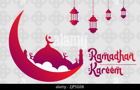 Ein roter Halbmond und eine Moschee mit Ramadan Kareem Text auf der Seite auf weißem Hintergrund Stock Vektor